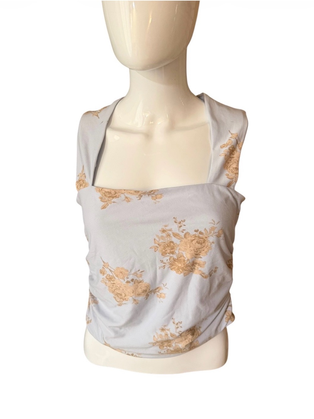 Floral Square-Neck Tank Top - Light Blue with Beige Roses